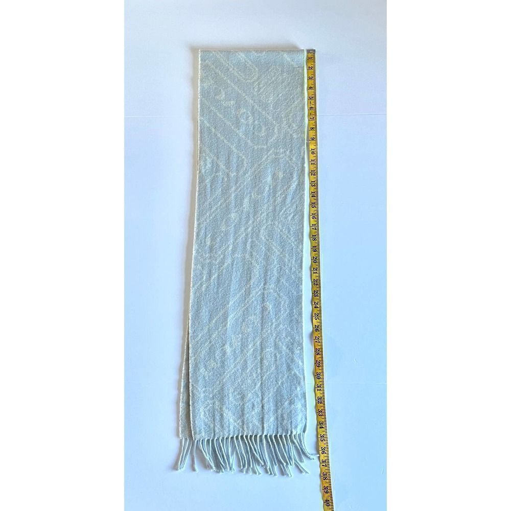 Coach Cashmere and Wool Logo Fringe Scarf Light Blue and Ivory Muffler Scarf - Picture 5 of 9